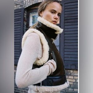 Zara Cropped Double Face Faux Shearling Lined Brown Vest sz.XS